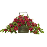 Nearly Natural 18`` Poinsettia and Variegated Holly Artificial Plant in Vintage Decorative Basket (Real Touch)