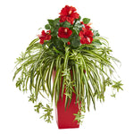 Nearly Natural 8392 28" Artificial Green & Red Hibiscus & Spider Plant in Red Planter