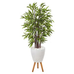 Nearly Natural T1068 55" Artificial Green Bamboo Tree in White Planter with Stand