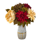 Nearly Natural 17`` Peony, Hydrangea and Dahlia Artificial Arrangement in Stoneware Vase with Gold Trimming