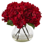 Nearly Natural 1441 8.5" Artificial Red Hydrangea Silk Flower Arrangement with Glass Vase 
