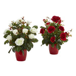 Nearly Natural 6488-S2 16" Artificial Red & White Rose Plant in Red Planter, Set of 2