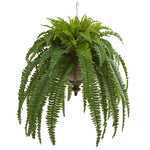 Nearly Natural 8607 39" Artificial Green Boston Fern Plant in Metal Hanging Bowl