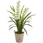 Nearly Natural 9446 47" Artificial Green & White Cymbidium Orchid Plant in Farmhouse Planter