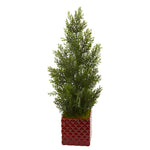 Nearly Natural 5693 25" Artificial Green Mini Cedar Pine Tree in Red Planter (Indoor/Outdoor)