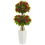 Nearly Natural 5743 5' Artificial Green & Red Double Bougainvillea Tree in White Tower Planter