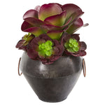 Nearly Natural P1263 11" Artificial Green & Maroon Echeveria & Succulent Plant in Metal Bowl