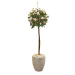 Nearly Natural 9975 57" Artificial Green & Pink Rose Topiary Tree in Sand Colored Planter