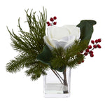 Nearly Natural 4184 13" Artificial Green & White Magnolia & Berries Arrangement in Glass Vase