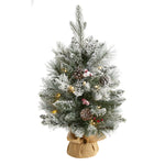 Nearly Natural 2` Flocked Artificial Christmas Tree with 30 Clear Lights, 73 Bendable Branches, Pine Cones and Berries