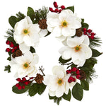 Nearly Natural 4195 26" White Magnolia, Pine & Berries Wreath