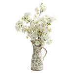Nearly Natural A1318 24" Artificial White Cherry Blossom Arrangement in Floral Pitcher