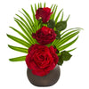 Nearly Natural A1251 14" Artificial Green & Red Elegant Rose Arrangement in Stone Brown Vase