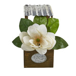 Nearly Natural A1084 14" Artificial White Magnolia Arrangement in Tin Roof Planter