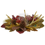 Nearly Natural 4277 19" Artificial Magnolia, Berry, Antler & Peacock Feather Candelabrum Arrangement, Multicolor