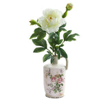 Nearly Natural A1260 22" Artificial Green & White Peony Arrangement in Floral Pitcher