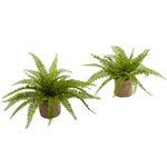 Nearly Natural 6814-S2 15" Artificial Green Boston Fern with Burlap Planter, Set of 2