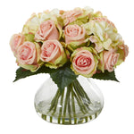 Nearly Natural 1927 10" Artificial Light Pink Rose & Hydrangea Arrangement in Glass Vase