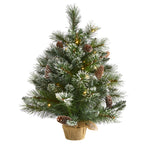 Nearly Natural 2` Frosted Pine Artificial Christmas Tree with 35 Clear LED Lights, Pinecones and Burlap Base