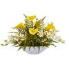 Nearly Natural A1372 24" Artificial Green & Yellow Calla Lilly, Dendrobium Orchid & Fern Arrangement in White Vase