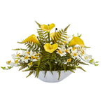 Nearly Natural A1372 24" Artificial Green & Yellow Calla Lilly, Dendrobium Orchid & Fern Arrangement in White Vase