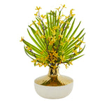 Nearly Natural A1009 17" Artificial Green & Yellow Forsythia & Fan Palm Arrangement in White Planter