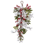 Nearly Natural 4550 26" Artificial Green, White & Red Berry, Pine & Snowflake Teardrop Shaped