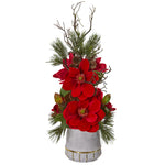 Nearly Natural 1924 35" Artificial Red Magnolia & Pine Arrangement in Stoneware Vase with Gold Trimming