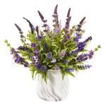 Nearly Natural 1952 15" Artificial Green & Purple Lavender Arrangement in Marble Vase