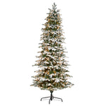 Nearly Natural 8`Flocked North Carolina Fir Artificial Christmas Tree with 650 Warm White Lights and 2593 Bendable Branches
