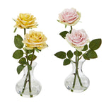 Nearly Natural 11`` Rose Artificial Arrangement in Glass Vase (Set of 2)