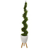 Nearly Natural T1211 75" Artificial Green Cypress Spiral Tree in White Planter with Stand