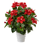 Nearly Natural 6976 22" Artificial Green & Red Hibiscus in Swirl Planter