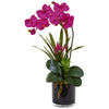 Nearly Natural Orchid and Bromeliad in Glossy Black Cylinder