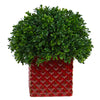 Nearly Natural 11``Boxwood Topiary Artificial Plant in Red Planter UV Resistant (Indoor/Outdoor)