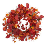 Nearly Natural 4280 22" Artificial Red Japanese Maple, Magnolia Leaf & Berries Wreath