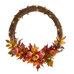 Nearly Natural 22``Pumpkin and Maple Artificial Autumn Wreath with 50 Warm White LED Lights