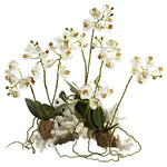 Nearly Natural 4836 14" Artificial Green & White Mini Phalaenopsis Set on Coral