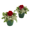 Nearly Natural 1641-S2 7" Artificial Green & Red Elegant Rose Arrangement in Green Planter, Set of 2