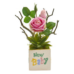 Nearly Natural A1317 15" Artificial Green & Pink Rose & Agave Arrangement in New Baby Vase