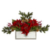 Nearly Natural 28`` Poinsettia and Cactus Artificial Arrangement in Decorative Wood Vase