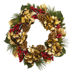 Nearly Natural 4268 24" Artificial Golden Hydrangea with Berries & Pine Wreath