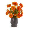 Nearly Natural Zinnia Artificial Arrangement in Ribbed Metal Planter