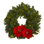 Nearly Natural 30`` Magnolia, Pine and Pinecone Artificial Wreath