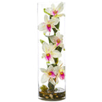 Nearly Natural 20 Cattleya Orchid Artificial Floral Arrangement in Cylinder Vase
