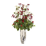 Nearly Natural 1994 34" Artificial Green & White Dogwood & Holly Berry Arrangement in Silver Vase