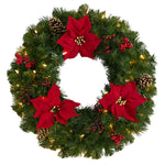 Nearly Natural W1301 24`` Poinsettia, Berry and Pinecone Artificial Wreath
