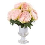 Nearly Natural Peony Artificial Arrangement in White Urn