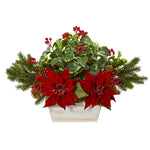 Nearly Natural A1073 24" Artificial Green & Red Poinsettia, Holly, Berry & Pine Arrangement in Planter
