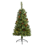 Nearly Natural 4` White Mountain Pine Artificial Christmas Tree with 100 Clear LED Lights and Pine Cones